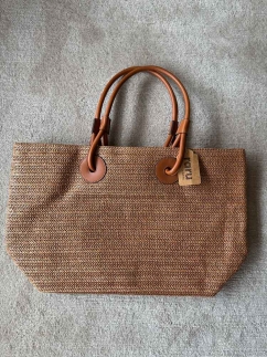 Leather Handled Straw Daily Bag BROWN - RARU BY BERİL KOÇ