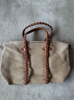 Braided Leather Handled Straw Travel Bag BROWN - RARU BY BERİL KOÇ