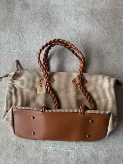 Braided Leather Handled Straw Travel Bag BROWN - RARU BY BERİL KOÇ (1)