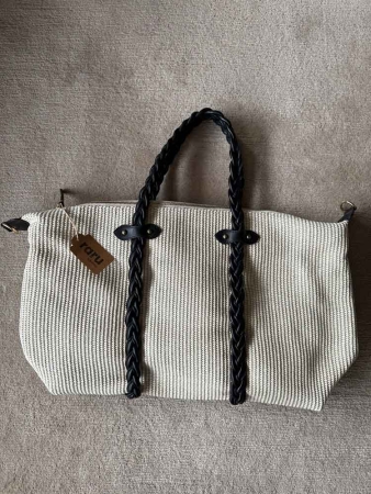 Braided Leather Handled Straw Travel Bag IVORY - 1