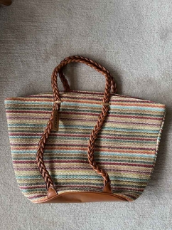 Braided Leather Handled Straw Beach Bag BROWN - RARU BY BERİL KOÇ