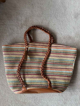 Braided Leather Handled Straw Beach Bag BROWN - 1