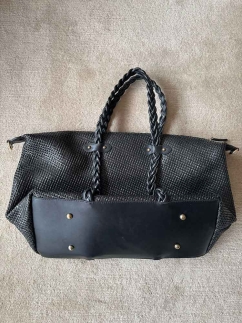 Braided Leather Handled Straw Travel Bag BLACK - RARU BY BERİL KOÇ (1)