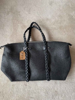 Braided Leather Handled Straw Travel Bag BLACK - RARU BY BERİL KOÇ