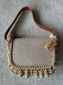 Beaded Embellished Straw Bag BROWN - RARU BY BERİL KOÇ