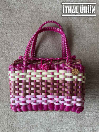 Meksika Yapımı Plastik El Örgüsü Çanta PEMBE - 1