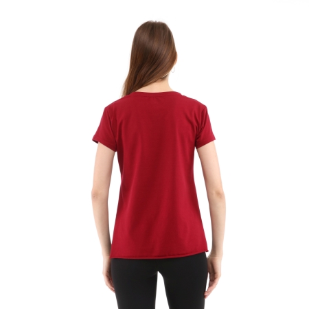 Kadın %100 Pamuk Bisiklet Yaka T-Shirt FUMUS BORDO - 4