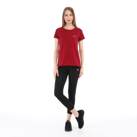 Kadın %100 Pamuk Bisiklet Yaka T-Shirt FUMUS BORDO - 5