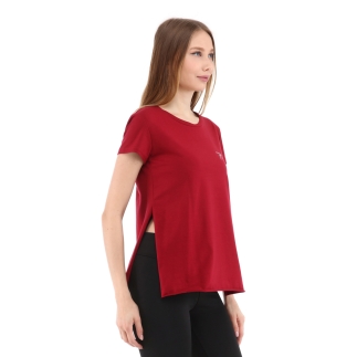 Kadın %100 Pamuk Bisiklet Yaka T-Shirt FUMUS BORDO - RARU (1)