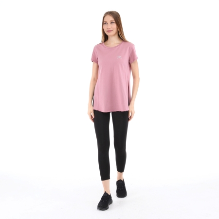Kadın %100 Pamuk Bisiklet Yaka T-Shirt FUMUS PEMBE - 5