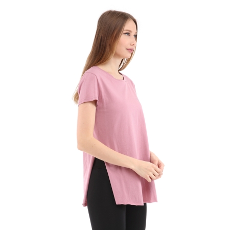 Kadın %100 Pamuk Bisiklet Yaka T-Shirt FUMUS PEMBE - 3