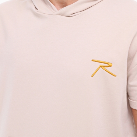Pamuklu Kapüşonlu Kısa Kollu Sweatshirt OCULUS BEJ - 4